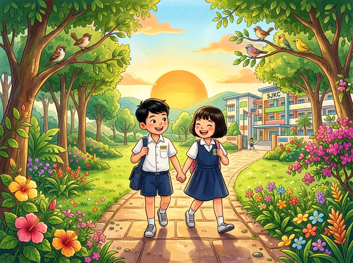 清晨小学生结伴走在上学的路上