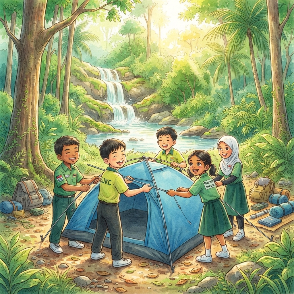 Peserta perkhemahan daripada pelbagai kaum bekerjasama mendirikan khemah di tapak perkhemahan Hutan Lipur Kanching.
