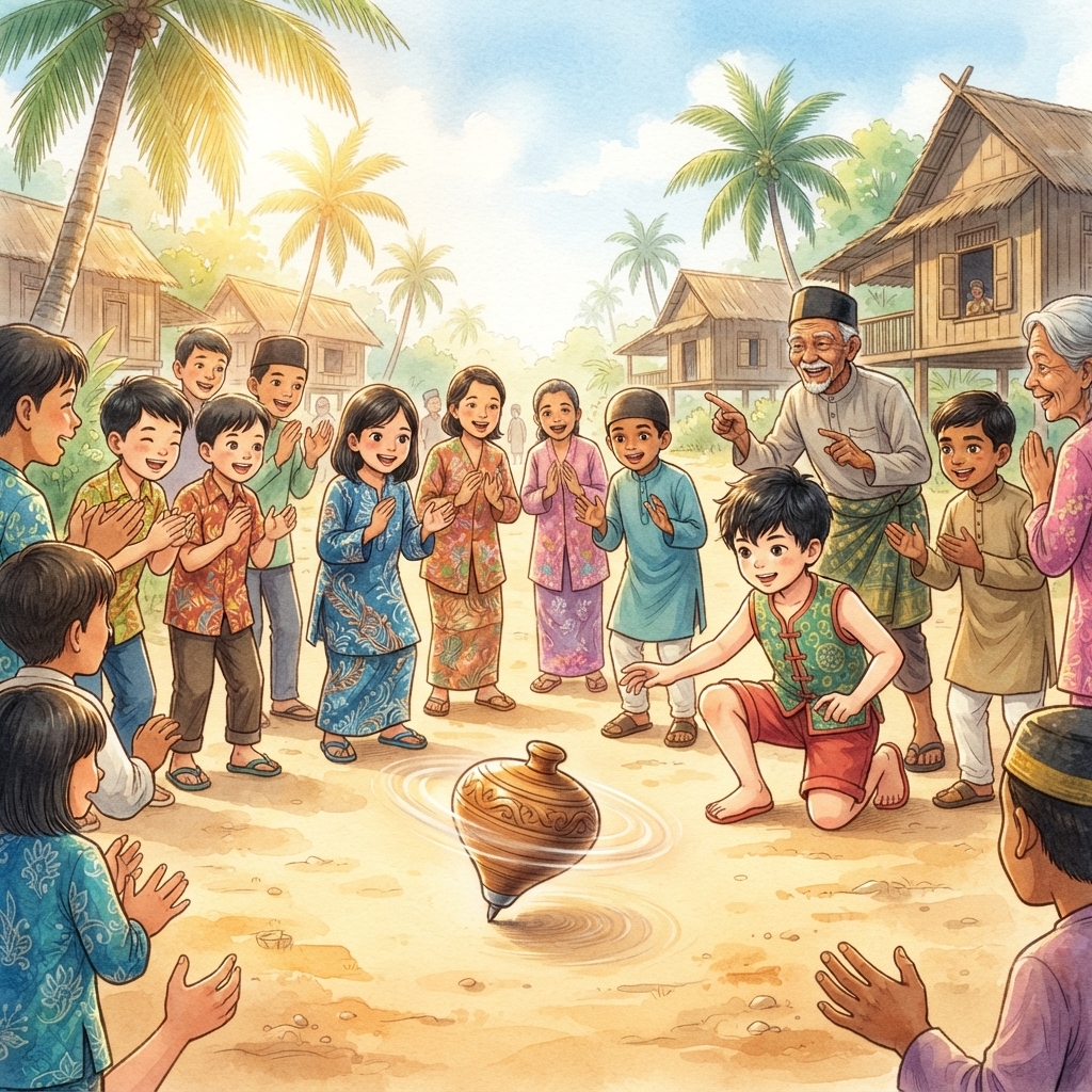 Kanak-kanak memerhatikan gasing uri yang berputar ligat dan seimbang di atas tapak khas di laman kampung.