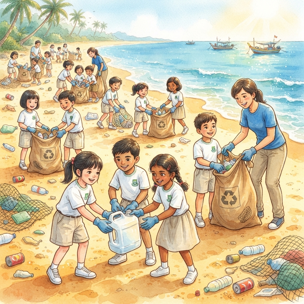 Para murid dan sukarelawan mengutip serta mengasingkan sisa plastik di pesisir pantai demi keselamatan hidupan marin.