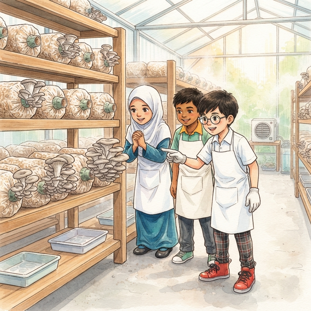 Murid-murid memeriksa pertumbuhan cendawan tiram kelabu yang mekar subur di dalam rumah hijau pintar sekolah.