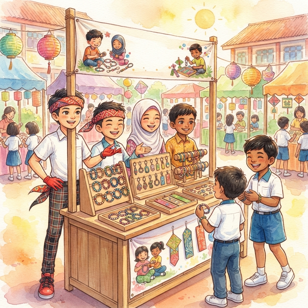 Adik Andrea dan rakan-rakannya menganyam gelang manik etnik Borneo yang berwarna-warni dengan tekun dan teliti.